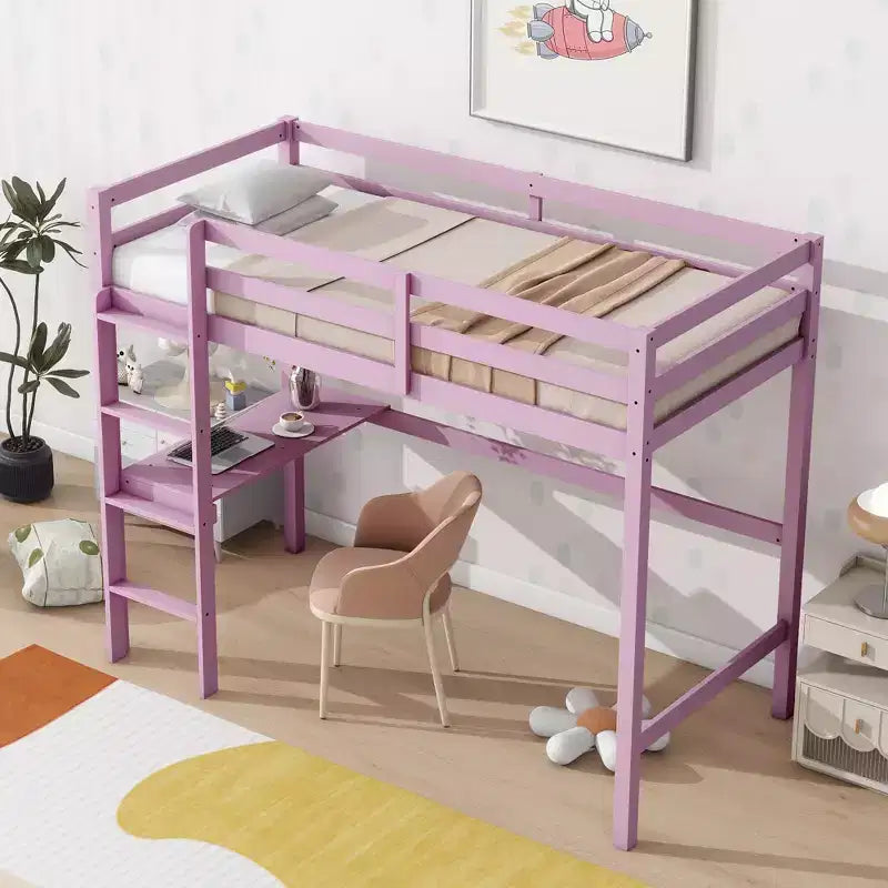 Letto a soppalco in legno di gomma matrimoniale con scrivania integrata, scala e spondine di sicurezza