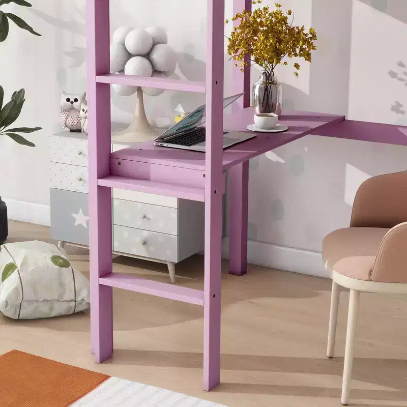 Letto a soppalco in legno di gomma matrimoniale con scrivania integrata, scala e spondine di sicurezza