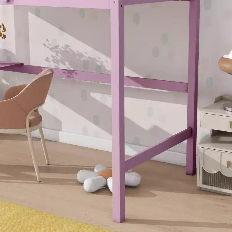 Letto a soppalco in legno di gomma matrimoniale con scrivania integrata, scala e spondine di sicurezza