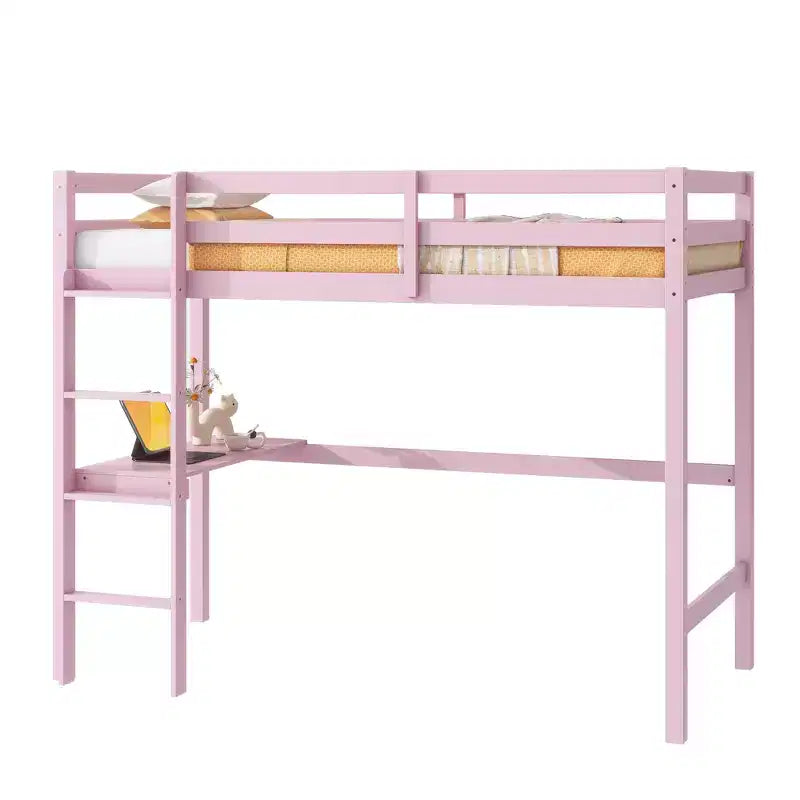 Letto a soppalco in legno di gomma matrimoniale con scrivania integrata, scala e spondine di sicurezza