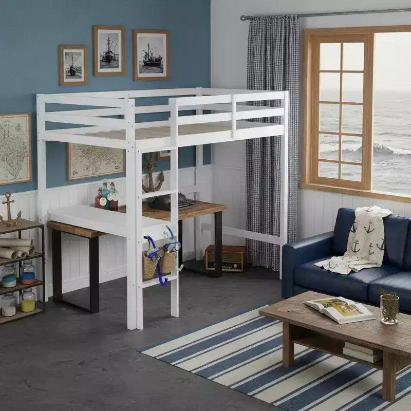 Letto a soppalco in legno di gomma matrimoniale con scrivania integrata, scala e spondine di sicurezza