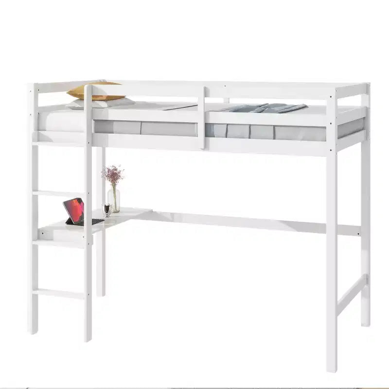 Letto a soppalco in legno di gomma matrimoniale con scrivania integrata, scala e spondine di sicurezza