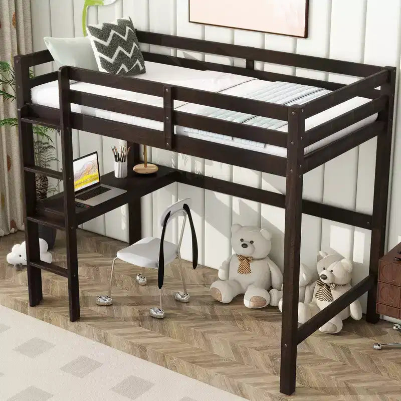 Letto a soppalco in legno di gomma matrimoniale con scrivania integrata, scala e spondine di sicurezza