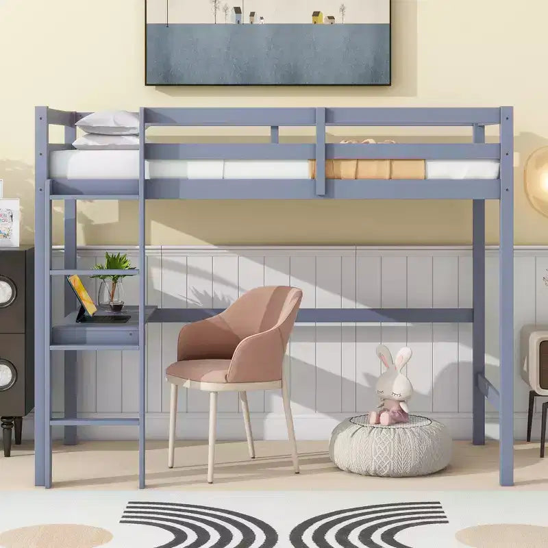 Letto a soppalco in legno di gomma matrimoniale con scrivania integrata, scala e spondine di sicurezza