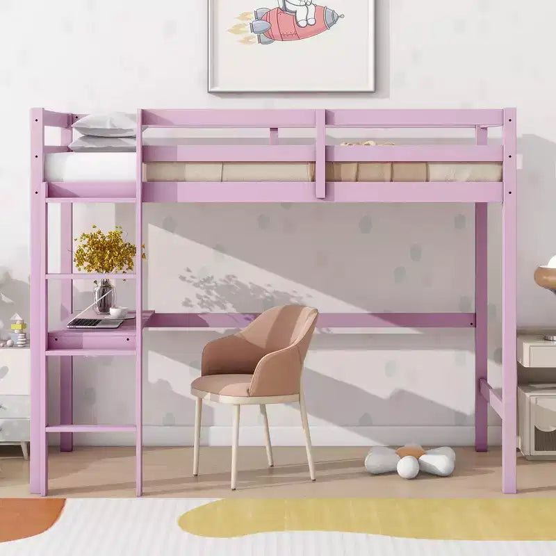 Letto a soppalco in legno di gomma matrimoniale con scrivania integrata, scala e spondine di sicurezza
