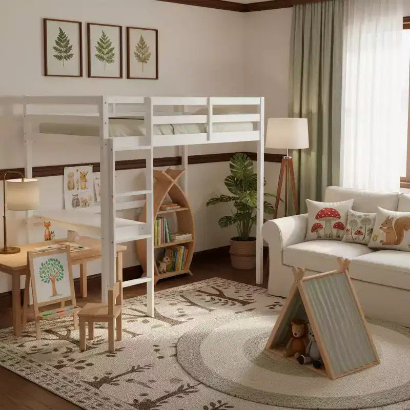 Letto a soppalco in legno di gomma matrimoniale con scrivania integrata, scala e spondine di sicurezza