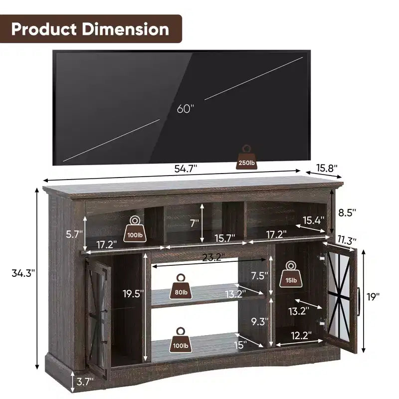 Mobile TV da 55 pollici con ante in vetro e luci LED, mobile multimediale con ripiani regolabili, adatto per inserto camino da 23 pollici - Marrone