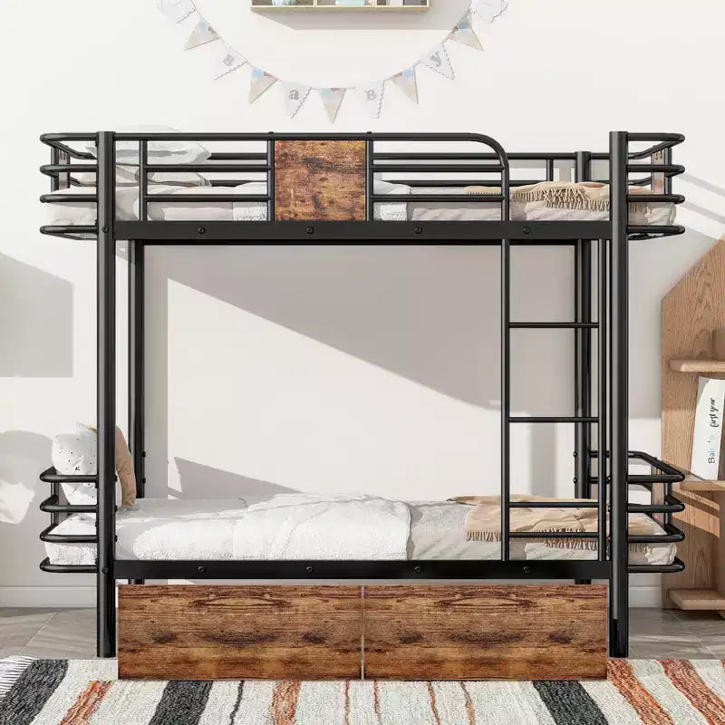 Letto a castello in metallo Twin XL su Twin XL con 2 cassetti portaoggetti, scaletta e sponde di sicurezza - Nero/Argento