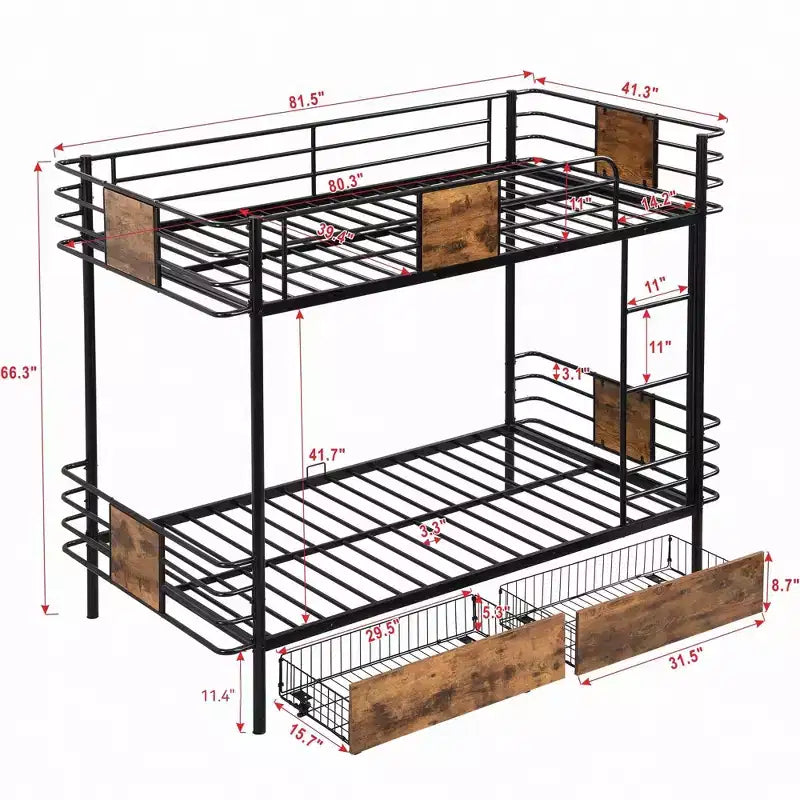 Letto a castello in metallo Twin XL su Twin XL con 2 cassetti portaoggetti, scaletta e sponde di sicurezza - Nero/Argento