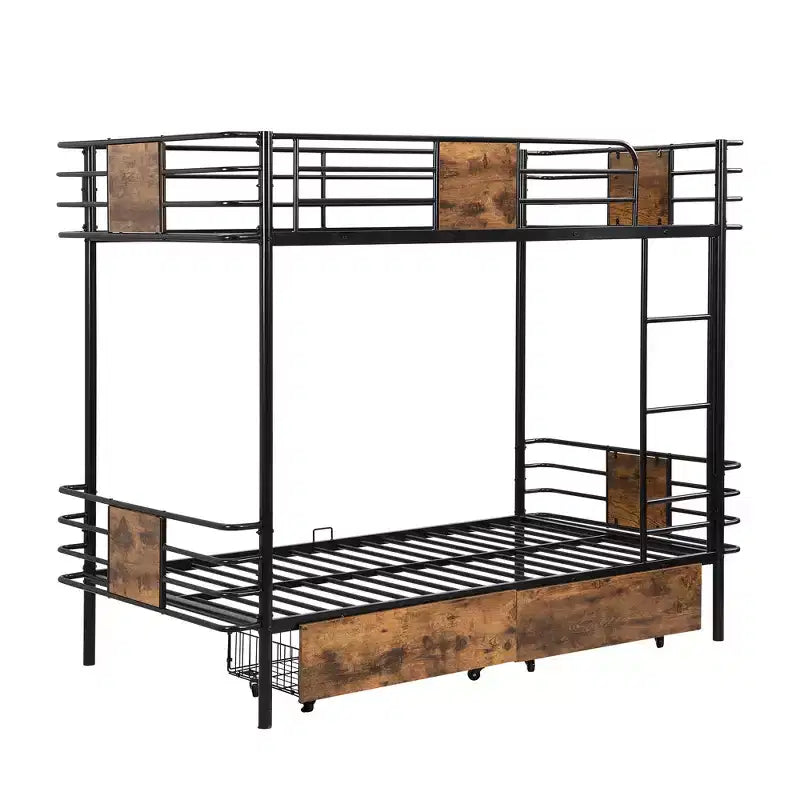 Letto a castello in metallo Twin XL su Twin XL con 2 cassetti portaoggetti, scaletta e sponde di sicurezza - Nero/Argento