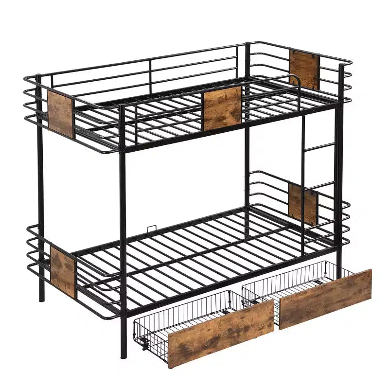 Letto a castello in metallo Twin XL su Twin XL con 2 cassetti portaoggetti, scaletta e sponde di sicurezza - Nero/Argento