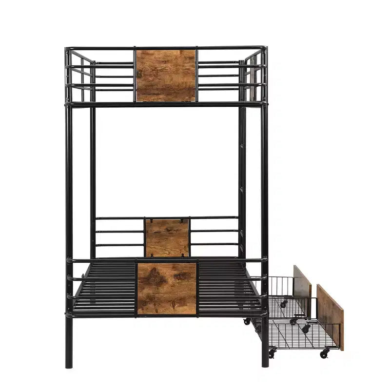 Letto a castello in metallo Twin XL su Twin XL con 2 cassetti portaoggetti, scaletta e sponde di sicurezza - Nero/Argento