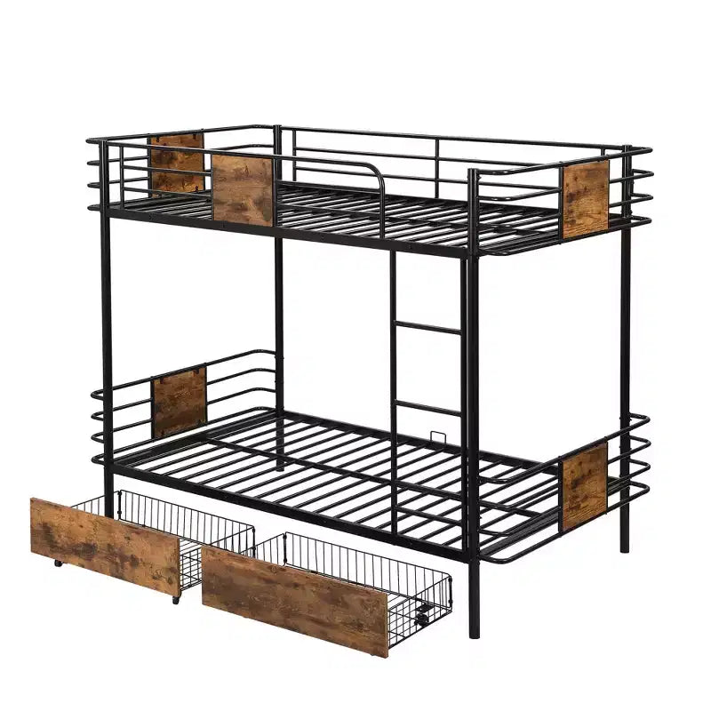 Letto a castello in metallo Twin XL su Twin XL con 2 cassetti portaoggetti, scaletta e sponde di sicurezza - Nero/Argento