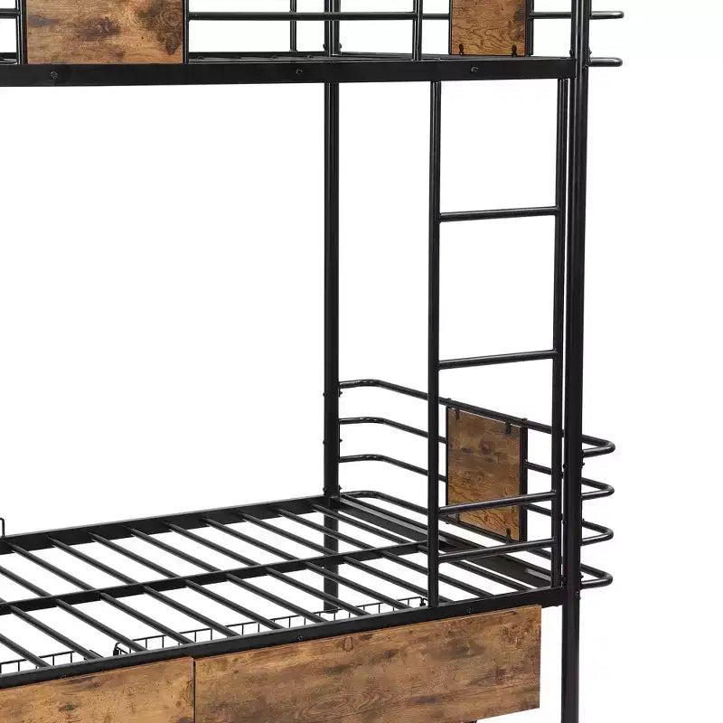 Letto a castello in metallo Twin XL su Twin XL con 2 cassetti portaoggetti, scaletta e sponde di sicurezza - Nero/Argento