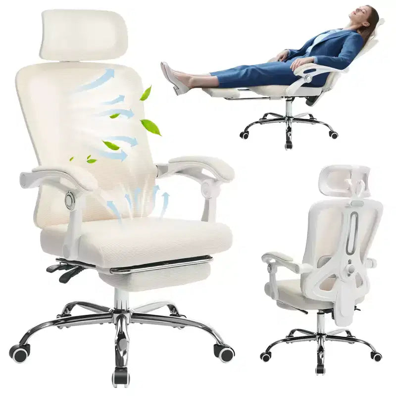 Sedia ergonomica reclinabile con schienale alto in mesh, poggiapiedi estraibile, supporto lombare e poggiatesta regolabili, per ufficio domestico e sala gaming