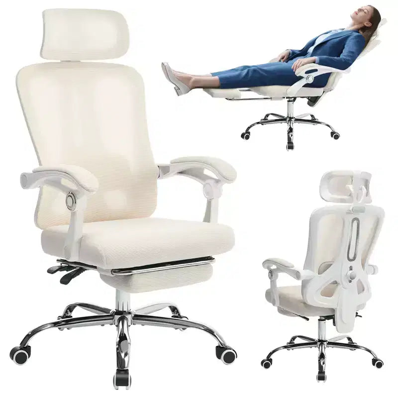 Sedia ergonomica reclinabile con schienale alto in mesh, poggiapiedi estraibile, supporto lombare e poggiatesta regolabili, per ufficio domestico e sala gaming