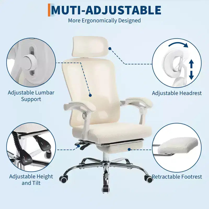 Sedia ergonomica reclinabile con schienale alto in mesh, poggiapiedi estraibile, supporto lombare e poggiatesta regolabili, per ufficio domestico e sala gaming