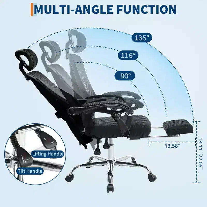 Sedia ergonomica reclinabile con schienale alto in mesh, poggiapiedi estraibile, supporto lombare e poggiatesta regolabili, per ufficio domestico e sala gaming