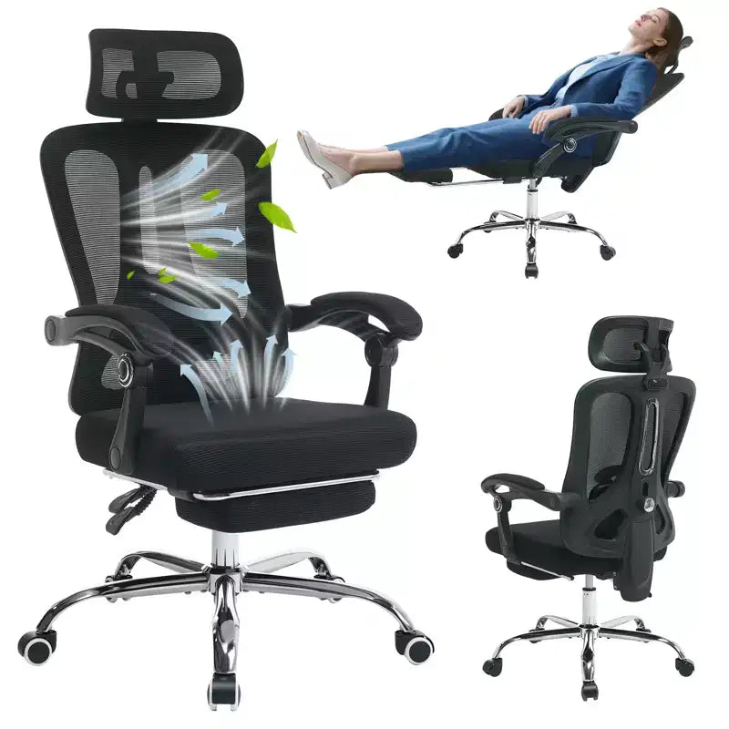 Sedia ergonomica reclinabile con schienale alto in mesh, poggiapiedi estraibile, supporto lombare e poggiatesta regolabili, per ufficio domestico e sala gaming
