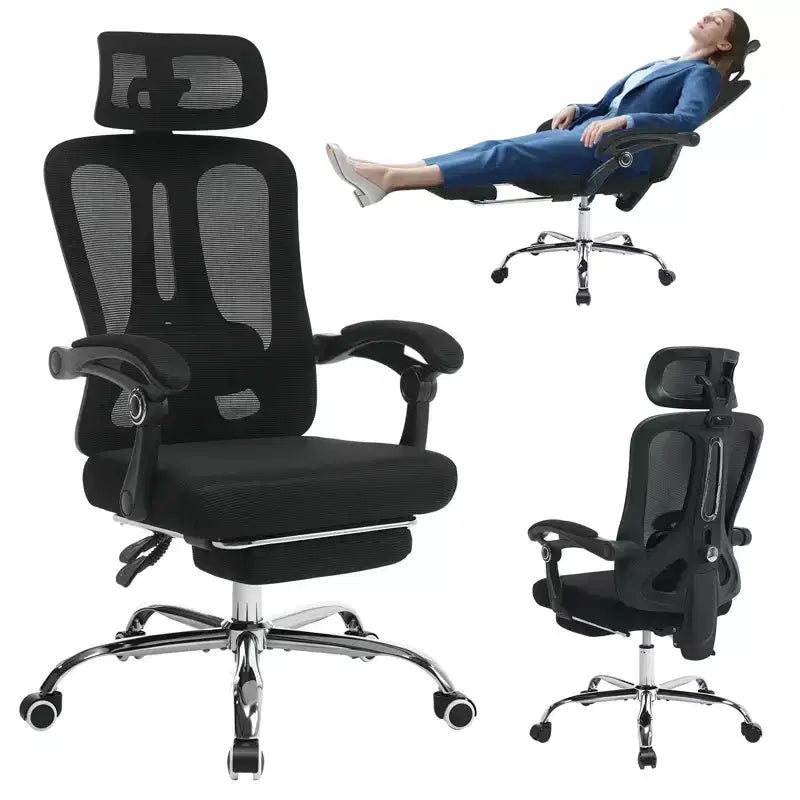 Sedia ergonomica reclinabile con schienale alto in mesh, poggiapiedi estraibile, supporto lombare e poggiatesta regolabili, per ufficio domestico e sala gaming