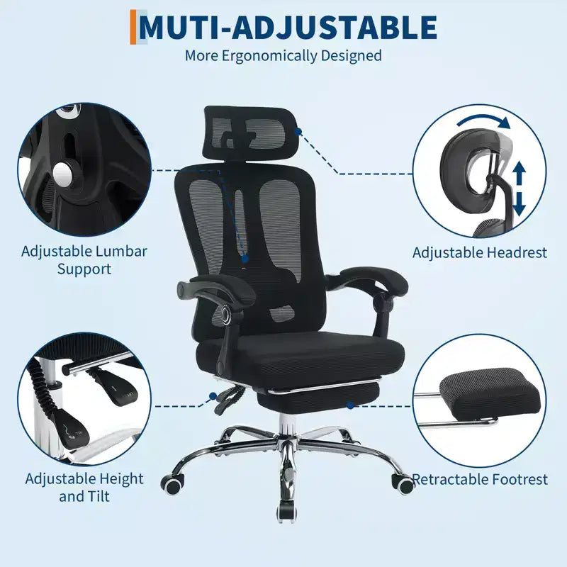 Sedia ergonomica reclinabile con schienale alto in mesh, poggiapiedi estraibile, supporto lombare e poggiatesta regolabili, per ufficio domestico e sala gaming