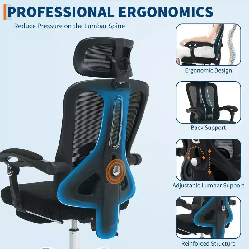 Sedia ergonomica reclinabile con schienale alto in mesh, poggiapiedi estraibile, supporto lombare e poggiatesta regolabili, per ufficio domestico e sala gaming
