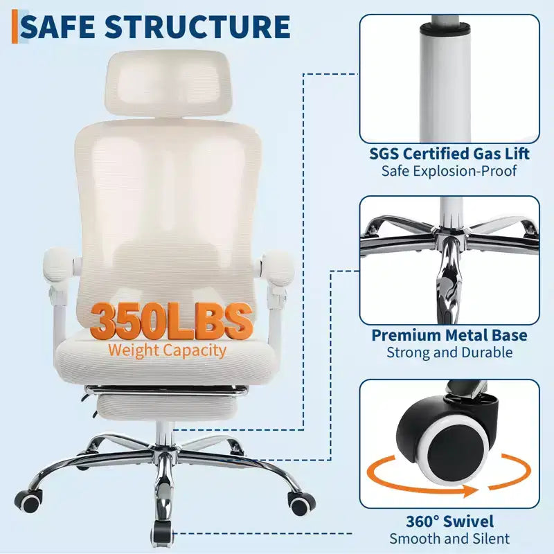 Sedia ergonomica reclinabile con schienale alto in mesh, poggiapiedi estraibile, supporto lombare e poggiatesta regolabili, per ufficio domestico e sala gaming