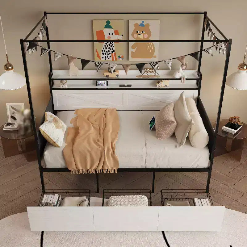 Struttura letto singola con cassetti portaoggetti e luci a LED