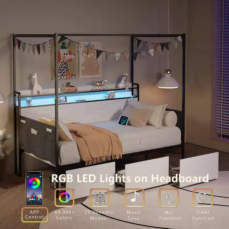 Struttura letto singola con cassetti portaoggetti e luci a LED