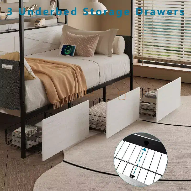Struttura letto singola con cassetti portaoggetti e luci a LED