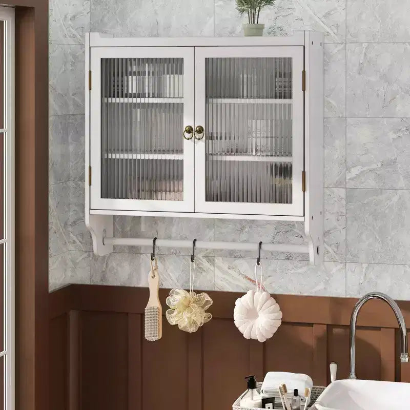 Credenza da Cucina e Sala da Pranzo con Doppia Porta in Vetro da 63 cm e Portasciugamani a 3 Livelli - Bianco