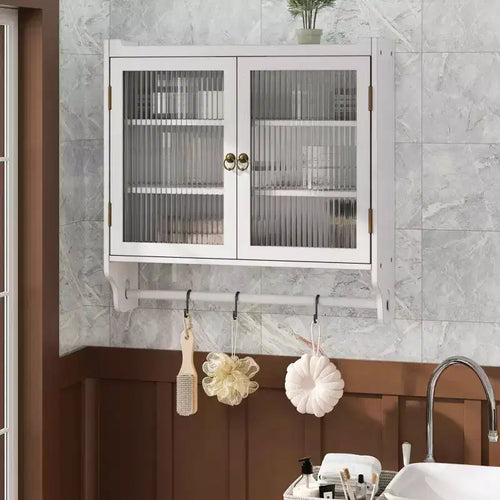 Credenza da Cucina e Sala da Pranzo con Doppia Porta in Vetro da 63 cm e Portasciugamani a 3 Livelli - Bianco