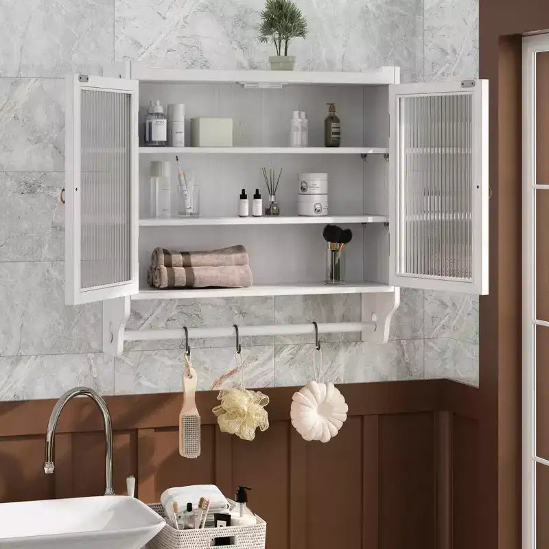 Credenza da Cucina e Sala da Pranzo con Doppia Porta in Vetro da 63 cm e Portasciugamani a 3 Livelli - Bianco