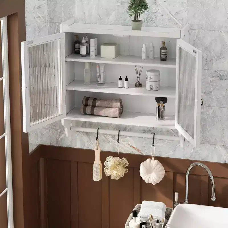 Credenza da Cucina e Sala da Pranzo con Doppia Porta in Vetro da 63 cm e Portasciugamani a 3 Livelli - Bianco