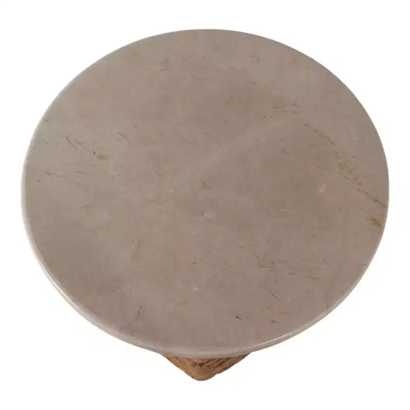 Tavolino rotondo in vimini con piano in marmo, marrone e bianco, 50 cm