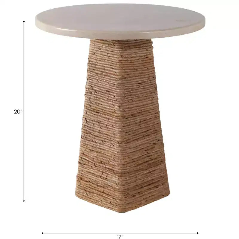 Tavolino rotondo in vimini con piano in marmo, marrone e bianco, 50 cm