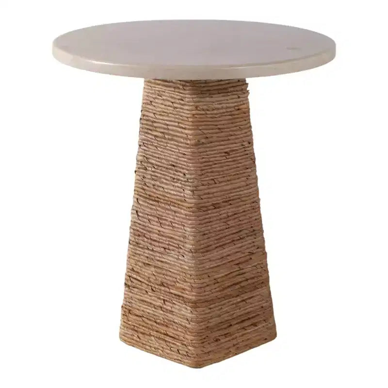 Tavolino rotondo in vimini con piano in marmo, marrone e bianco, 50 cm