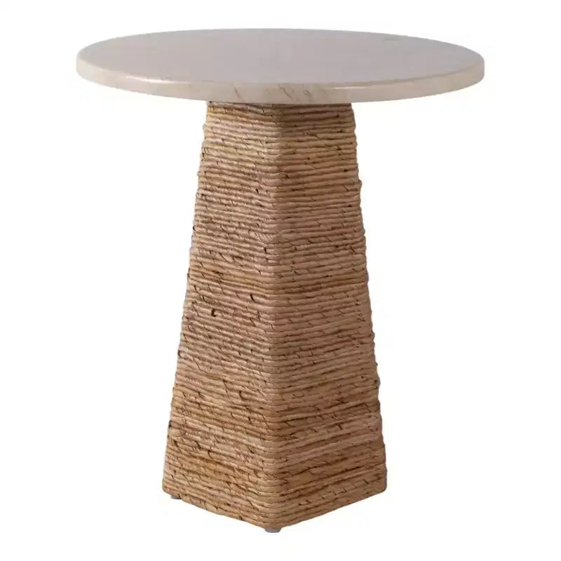 Tavolino rotondo in vimini con piano in marmo, marrone e bianco, 50 cm