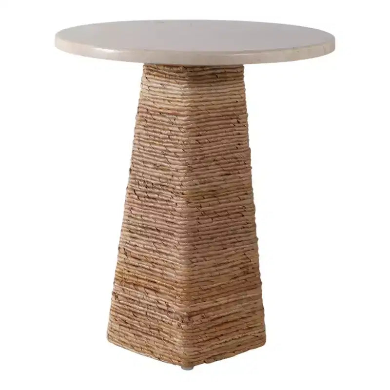 Tavolino rotondo in vimini con piano in marmo, marrone e bianco, 50 cm