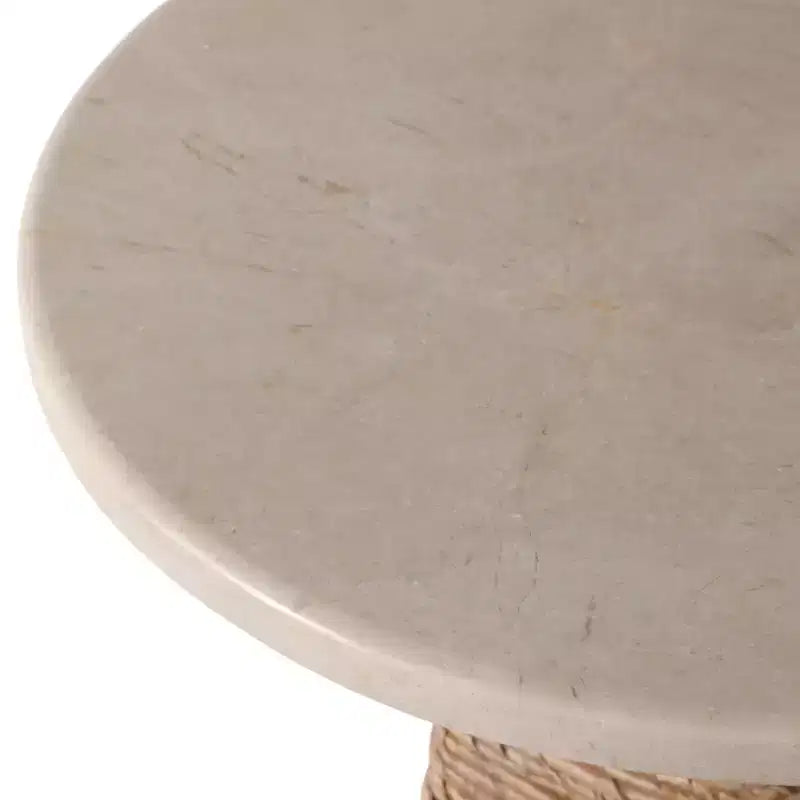 Tavolino rotondo in vimini con piano in marmo, marrone e bianco, 50 cm