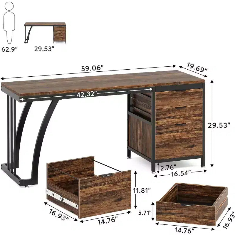 Scrivania per computer da 150 cm con 3 cassetti e portadocumenti, lato cassetti reversibile - Marrone rustico industriale