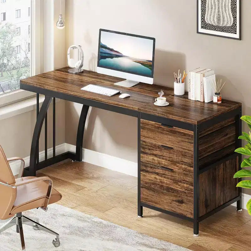 Scrivania per computer da 150 cm con 3 cassetti e portadocumenti, lato cassetti reversibile - Marrone rustico industriale