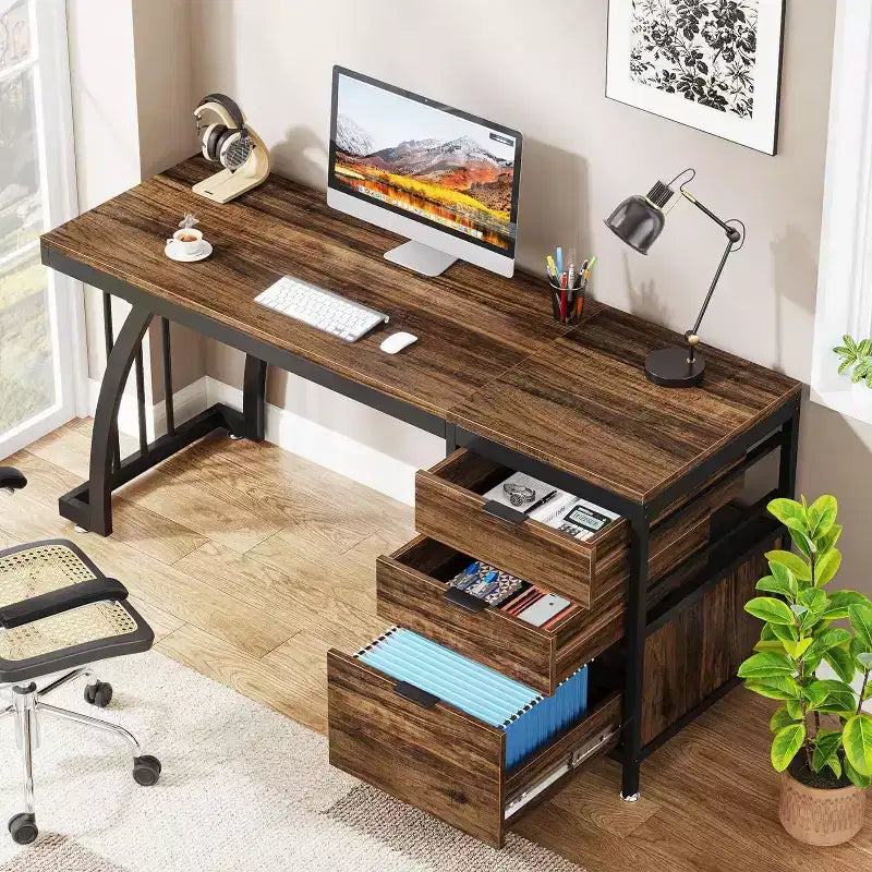 Scrivania per computer da 150 cm con 3 cassetti e portadocumenti, lato cassetti reversibile - Marrone rustico industriale