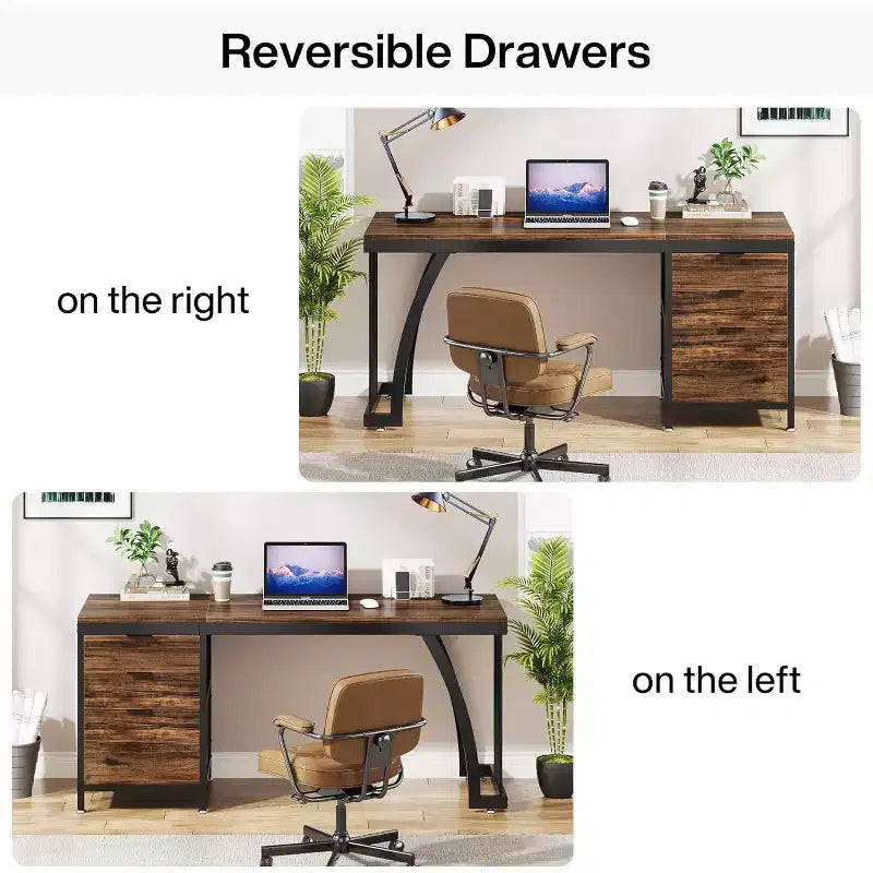 Scrivania per computer da 150 cm con 3 cassetti e portadocumenti, lato cassetti reversibile - Marrone rustico industriale