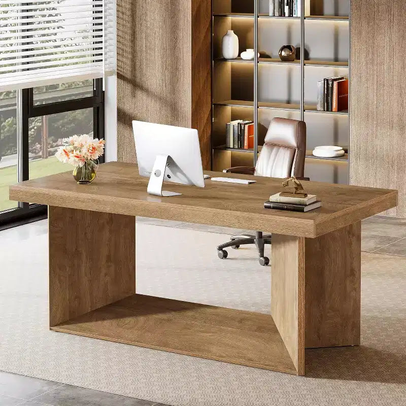 Scrivania direzionale da 63 pollici per ufficio domestico, workstation in stile rustico con piedistallo resistente - Marrone rustico