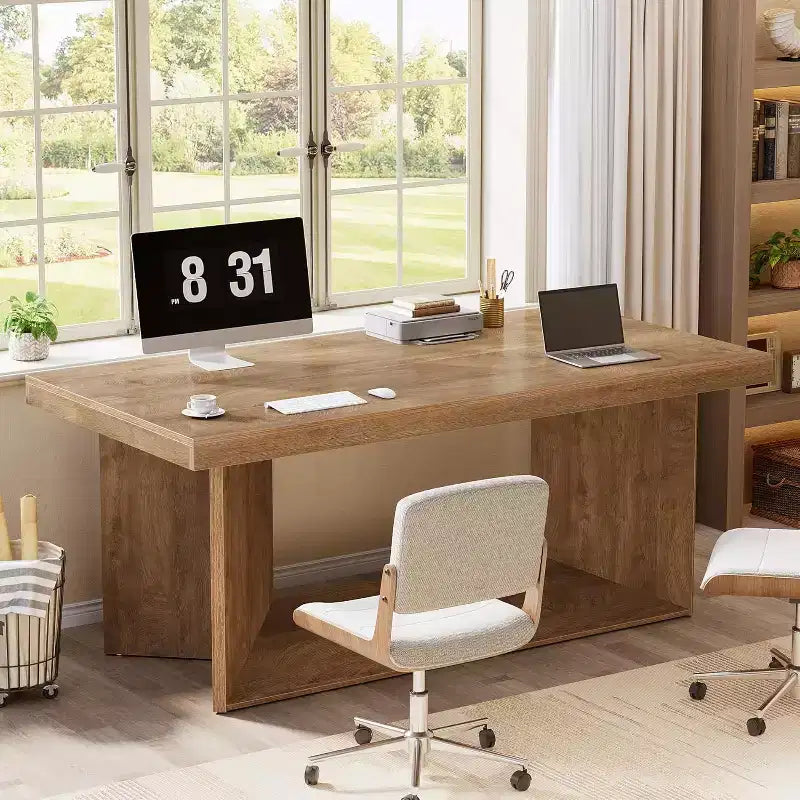 Scrivania direzionale da 63 pollici per ufficio domestico, workstation in stile rustico con piedistallo resistente - Marrone rustico