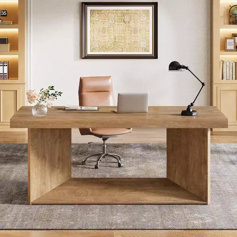 Scrivania direzionale da 63 pollici per ufficio domestico, workstation in stile rustico con piedistallo resistente - Marrone rustico
