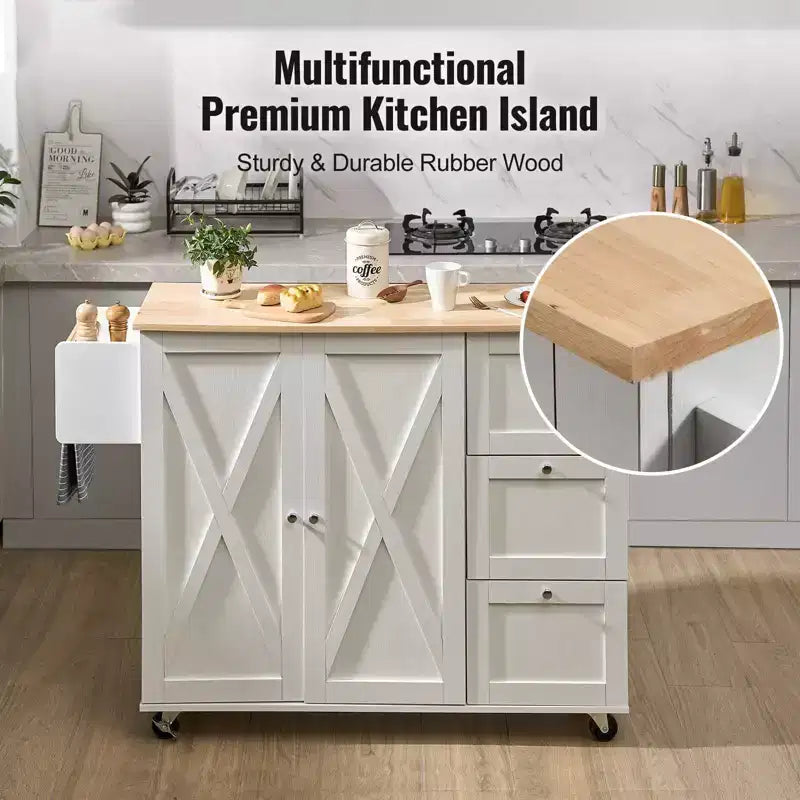 Carrello da Cucina con Top a Ribalta, Mobile Contenitore, Cassetto e Portaspezie su Ruote, Bianco