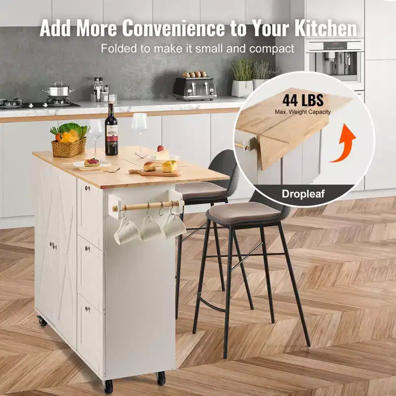 Carrello da Cucina con Top a Ribalta, Mobile Contenitore, Cassetto e Portaspezie su Ruote, Bianco