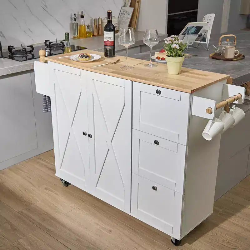 Carrello da Cucina con Top a Ribalta, Mobile Contenitore, Cassetto e Portaspezie su Ruote, Bianco
